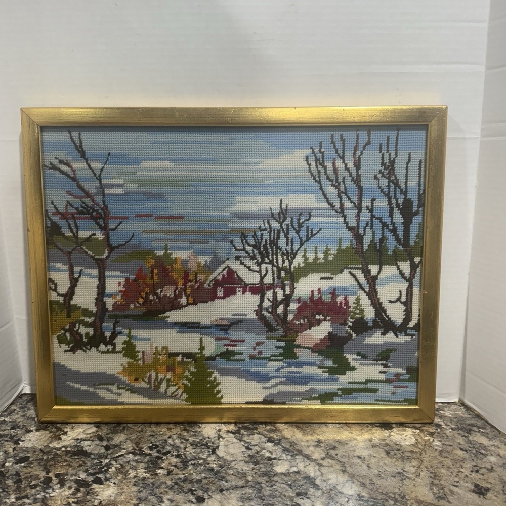 Vintage Needlepoint Framed Snow Winter Scene Red Farm House Stream Size 13 X 17"
